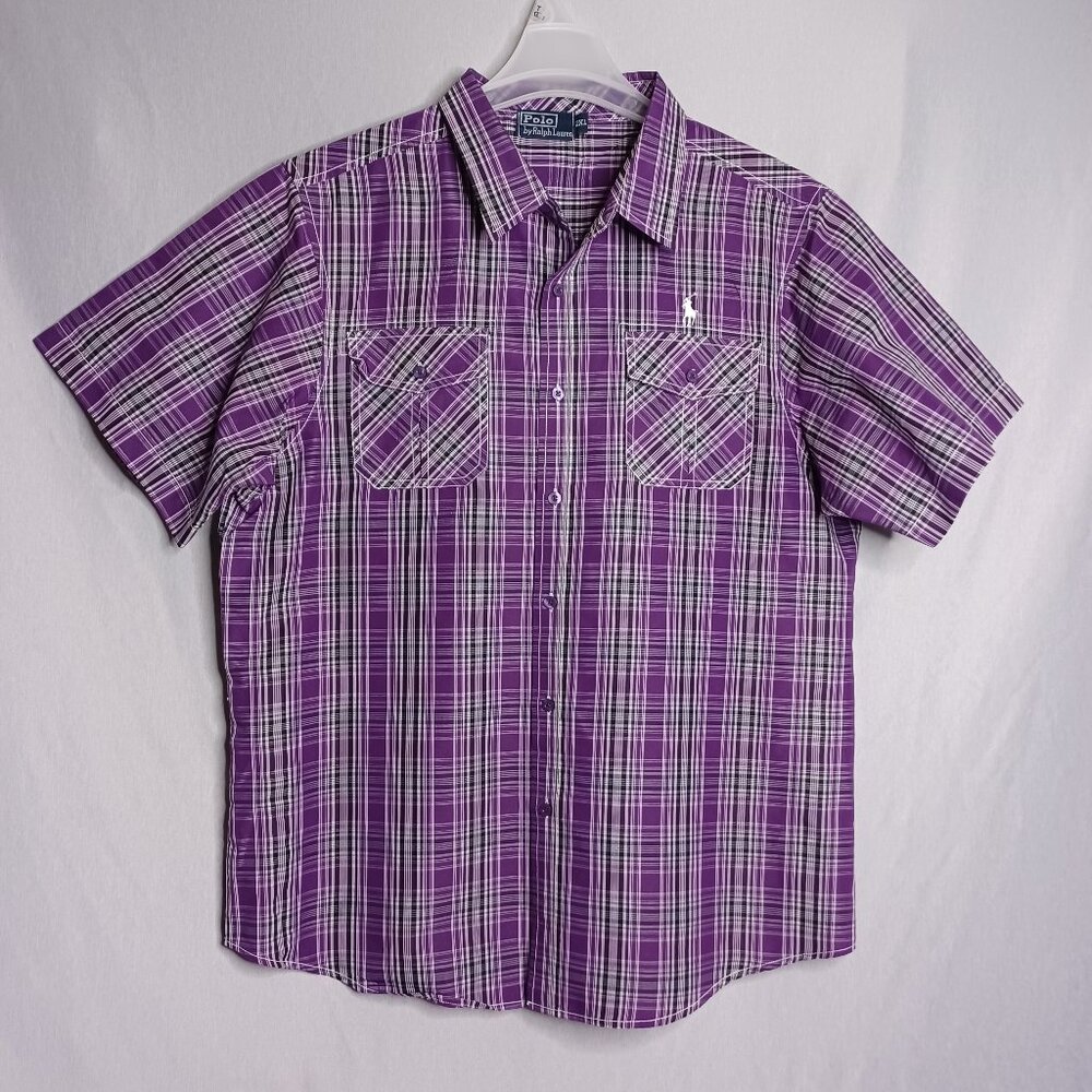 Polo Ralph Lauren Shirt Mens 2XL Purple Plaid Short Sleeve Button Front Casual